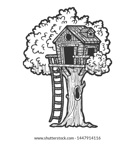 Tree house for children sketch engraving vector illustration. Scratch board style imitation. Black and white hand drawn image.