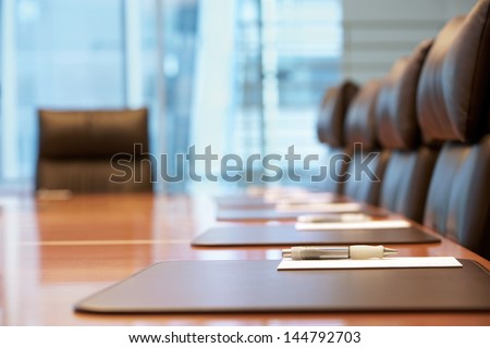 Closeup of an empty conference room before meeting Royalty-Free Stock Photo #144792703