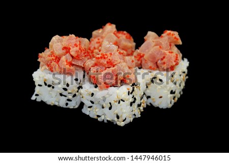 Sushi set isolated on black backround, sushi rolls, asian food