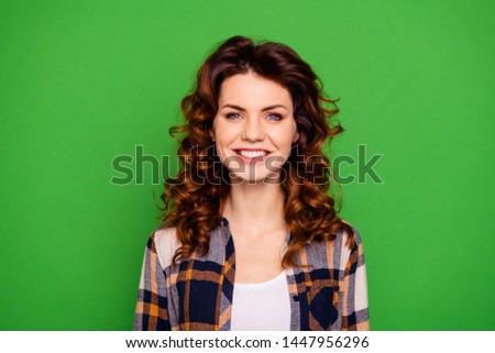 Close up photo of nice cute charming sweet lady independent have free time weekends holidays feel glad content wear modern checkered outfit isolated on vibrant background