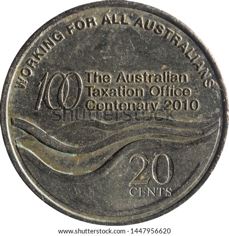 Australian twenty-cent coin features Commemorating the Centenary of Australian Taxation Office, Isolated on white background.
