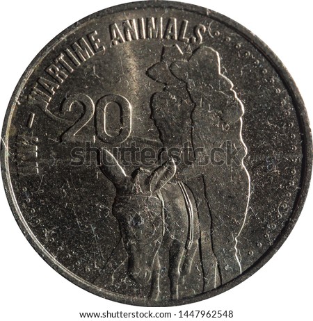 Australian twenty-cent coin features the WW1 Wartime animals, isolated on white background.