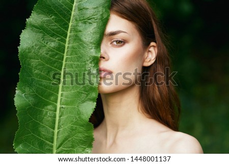 Beautiful woman green leaf decoration fashion