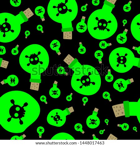 Flasks with green poison on a black background, seamless pattern, vector