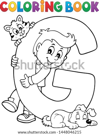 Coloring book boy and pets by letter G - eps10 vector illustration.