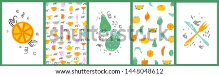 Set of hand drawn cards with fruits and vegetables, kitchen appliances.
