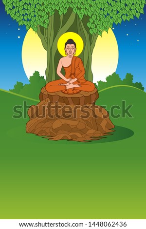 Buddha sitting under the Bodhi tree with Full moon background