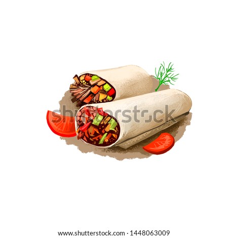 Burrito with vegetables rolled in pita bread, kebab isolated on white background. Street food, take-away, take-out. Fast food hand drawn digital illustration. Graphic clip art design for web, print