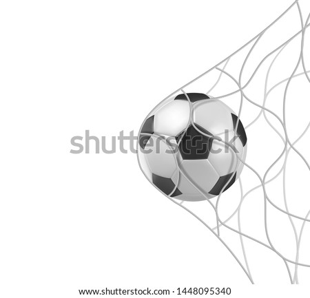 Soccer or football ball in goal net isolated on white background, sports accessory, equipment for playing game, championship or competition, design element. Realistic 3d vector illustration, clip art