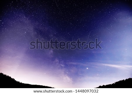 Midsummer Milky Way, Jupiter and Saturn Planets and satellite traces in the night sky.