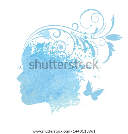 Watercolour female face with decorative coil and butterfly