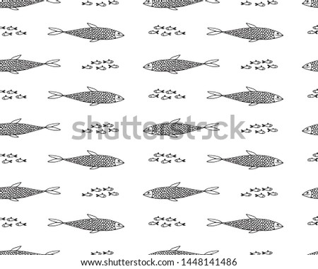 Hand drawn cute  fishes on isolated background. Doodle Art. School of fish
