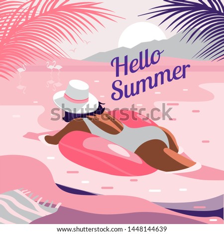 Girl swimming at the pink sea 