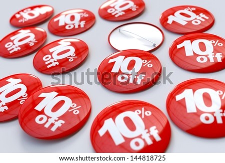 Percent off badges, white letters on red  background