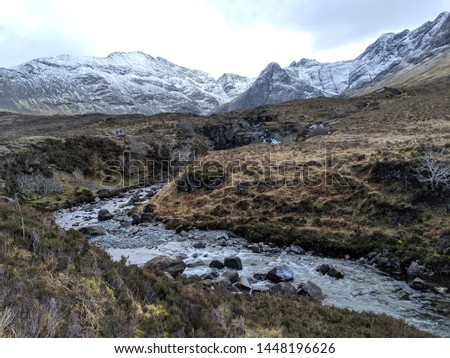 stream with dramatic snowy mountain 