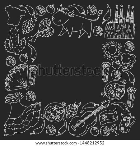 Spain vector pattern. Spanish traditional symbols and objects.