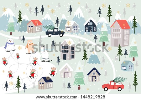 Vector Cute greeting card Christmas background, Winter landscape of wonderland with polar bear and rats playing ice skates for celebrating on Christmas Day,Cartoon illustration for Holiday background