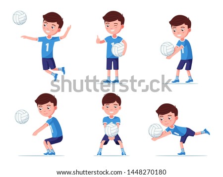Set of boy volleyball player in various poses playing with a ball. Collection of a child in sportswear playing professional volleyball. Vector illustration, flat style.