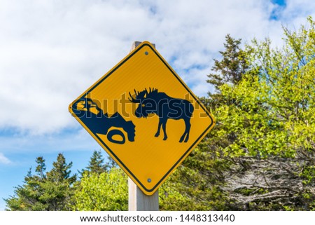 A roadside traffic sign in Newfoundland, Canada, shows a large bull moose standing in front of a crumpled car graphically warning motorists of the dangers of moose on the road. Closeup, landscape.