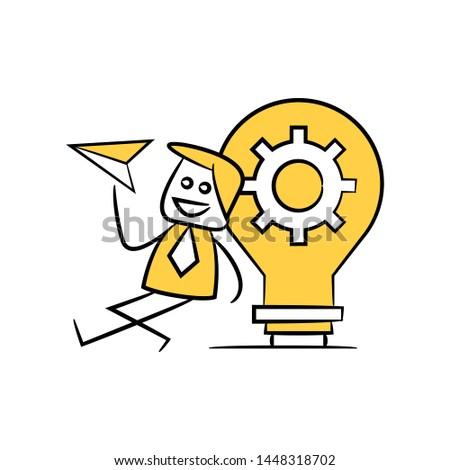 businessman and paper plane sitting next to light bulb gear yellow stick figure theme