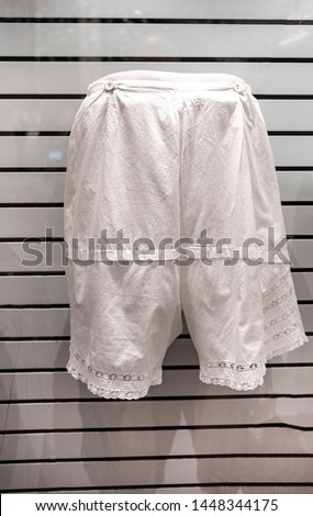 Underwear, women's trousers. Fashion and women's clothing of the 19th century.
