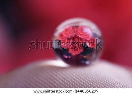 A close up of a clear marble resembling a water drop with a bouquet of roses reflected inside, all against a pink-red background.