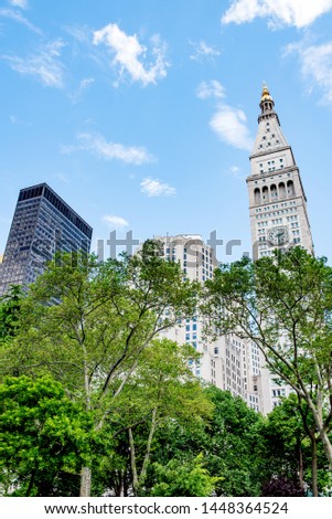 View from Madison Square Park of the surrounding buildings in the Flatiron District of Manhattan in New York City