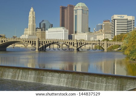 Columbus and Scioto River with waterfall  in Ohio