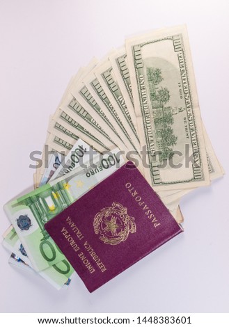 banknote dollars and euro and passport concept