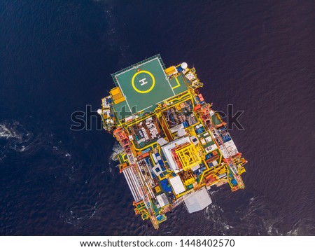 Offshore oil rig Installation of equipment sea, aerial top view.