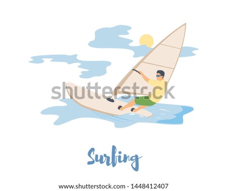 Cartoon flat character doing modern sport activity,landing page,sales flyer banner poster,web online concept of healthy lifestyle summer design.Flat cartoon character windsurfing,sea surfing on wave