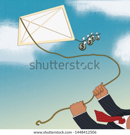 Man in a suit and tie launches a kite with a tail made of coins. Against the blue sky with clouds
