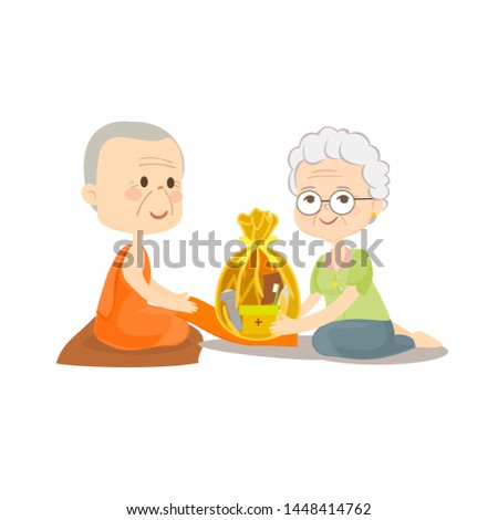 Grandma sitting and offering to Buddhist Vector