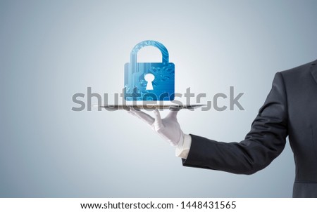 Businessman offering computer security graphic illustration on silver tray.