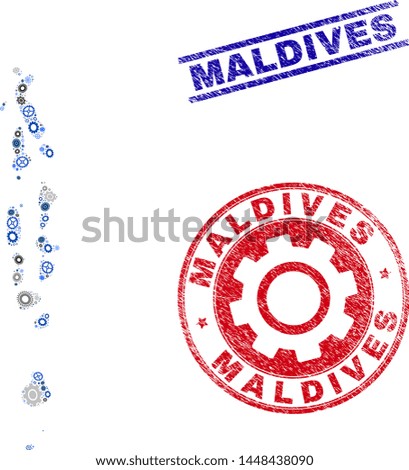 Repair workshop vector Maldives map mosaic and stamps. Abstract Maldives map is done from gradiented scattered cogs. Engineering territory plan in gray and blue colors,