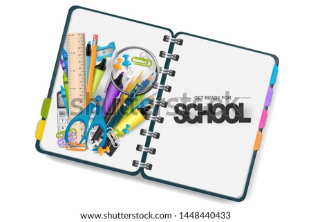 Get geady for school banner in a shape of a ring notebook with divider. Study supplies lying on it - scissors, ruler, pins, sharpener, pencil, paper clips, calculator, marker.