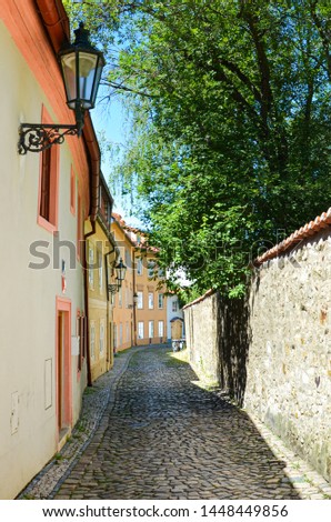 Amazing cobbled narrow streets in Novy Svet, Prague, Czech Republic. Czech capital is beautiful historical city with many tourist attractions. Travel destination. European cities. Czechia, Europe.