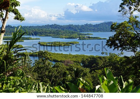 Tropical landscape with mangrove island in the archipelago of Bocas del Toro, Caribbean, Panama, Central America Royalty-Free Stock Photo #144847708