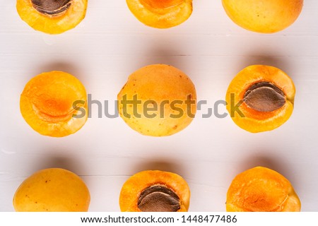 Apricot fruits sliced copy space frame concept white background flat lay top view set collection