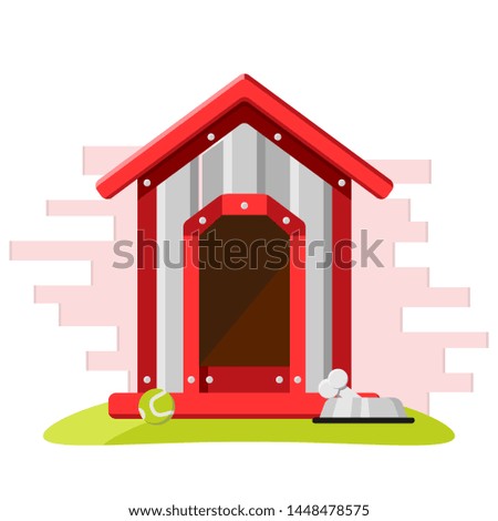 Vector design booth for dog, her toys and bowls. Domestic animal. Homes for pets.