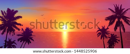 Dark palm trees silhouettes on colorful tropical ocean sunset background, vector illustration Royalty-Free Stock Photo #1448525906
