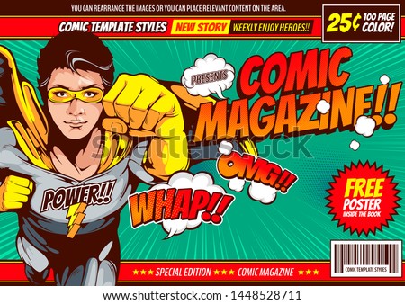 Superhero comic cover template background, flyer brochure speech bubbles, doodle art, Vector illustration, you can place relevant content on the area.