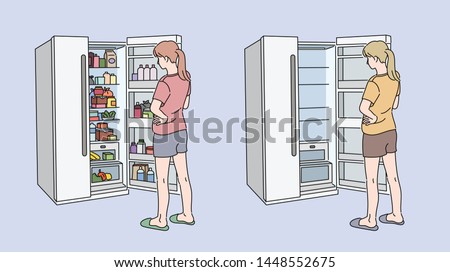 A girl is opening a fridge full of food and an empty fridge. hand drawn style vector design illustrations. 