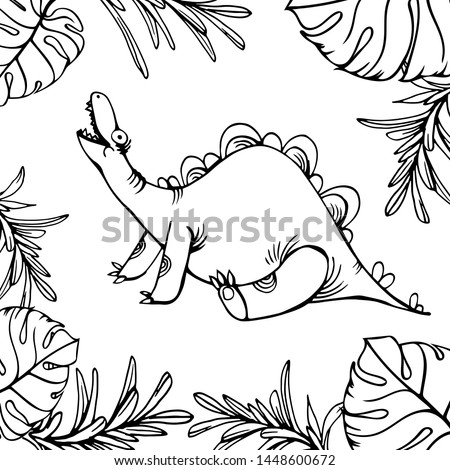 Funny dinosaur hand drawing, coloring book for kids on white background