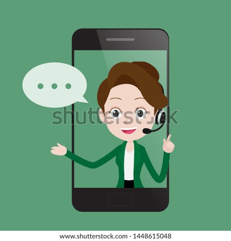 Smilling young woman operator with headset speaking from smart phone screen, Call center customer service business concept, Cartoon vector illustration