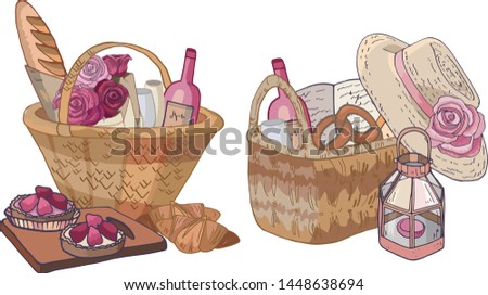 Set of isolated objects on the theme picnic. Romantic, cute, beautiful. Croissant, baguette, strawberry cakes, basket, rose bouquet, straw hat. Gift basket.