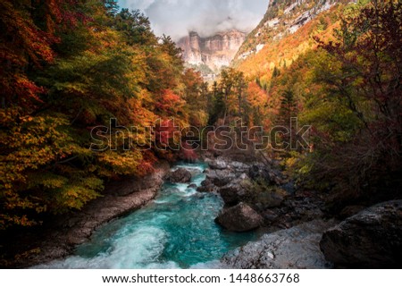 Photograph of the river Arazas on its way through the Ordesa valley, taken in autumn with those orange colors. Royalty-Free Stock Photo #1448663768