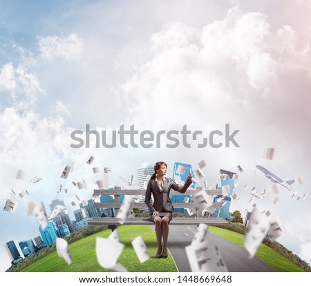 Business woman taking selfie photo or chatting with smartphone. Girl using mobile phone on wooden bench. Mobile marketing and communication. City panorama with round horizon and flying paper documents