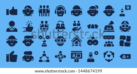 friend icon set. 32 filled friend icons. on blue background style Simple modern icons about  - Thumb up, Avatar, Thumbs up, Like, Friends, Teamwork, Hug, Dog, Profile, Add user