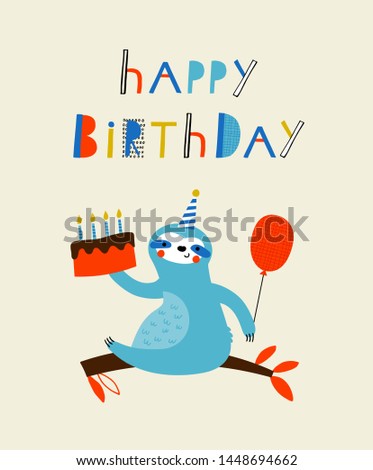 Baby print with sloth: Happy Birthday. Hand drawn graphic for typography poster, card, label, flyer, page, banner, baby wear, nursery.  Scandinavian style.  Vector illustration in red, blue and yellow